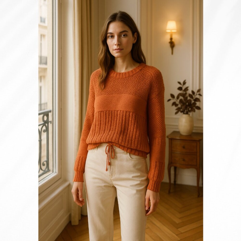 ☀️ AMERICAN EAGLE Burnt Orange Rust Cutout Knit Sweater Top Boho Medium Cute